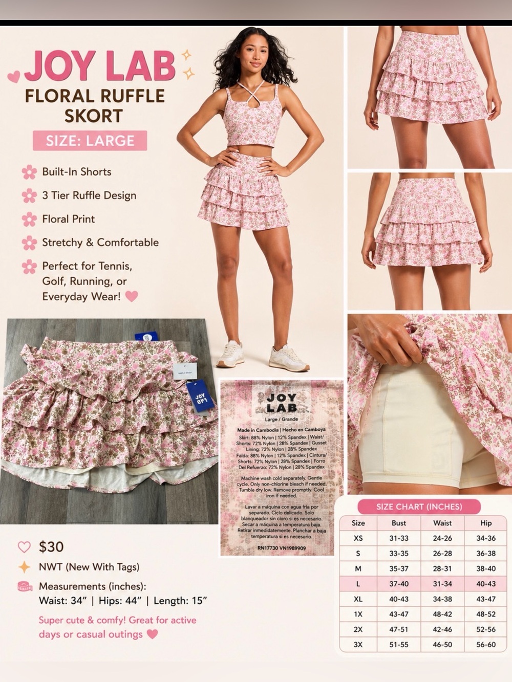 JoyLab Floral Ruffle Skort – Pink Floral – Size Large – NWT